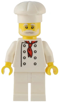LEGO minifigure of a chef with a white hat and yellow gloves