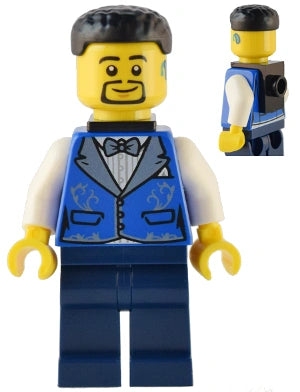 LEGO figure with a blue vest and bow tie on a white background
