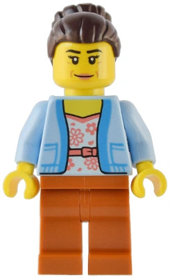 LEGO figure with a blue jacket, pink shirt, and orange pants on a white background
