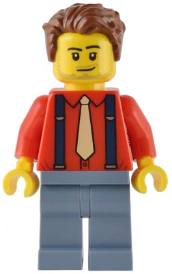 LEGO figure with a red shirt, blue pants, and yellow tie on a white background