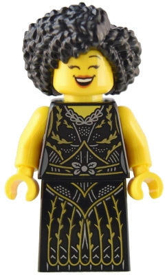 LEGO minifigure with black dress and curly hair on a white background