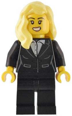 LEGO minifigure with blonde hair wearing a black suit on a white background