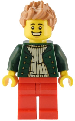 LEGO figure with a green jacket, red pants, and yellow shirt on a white background