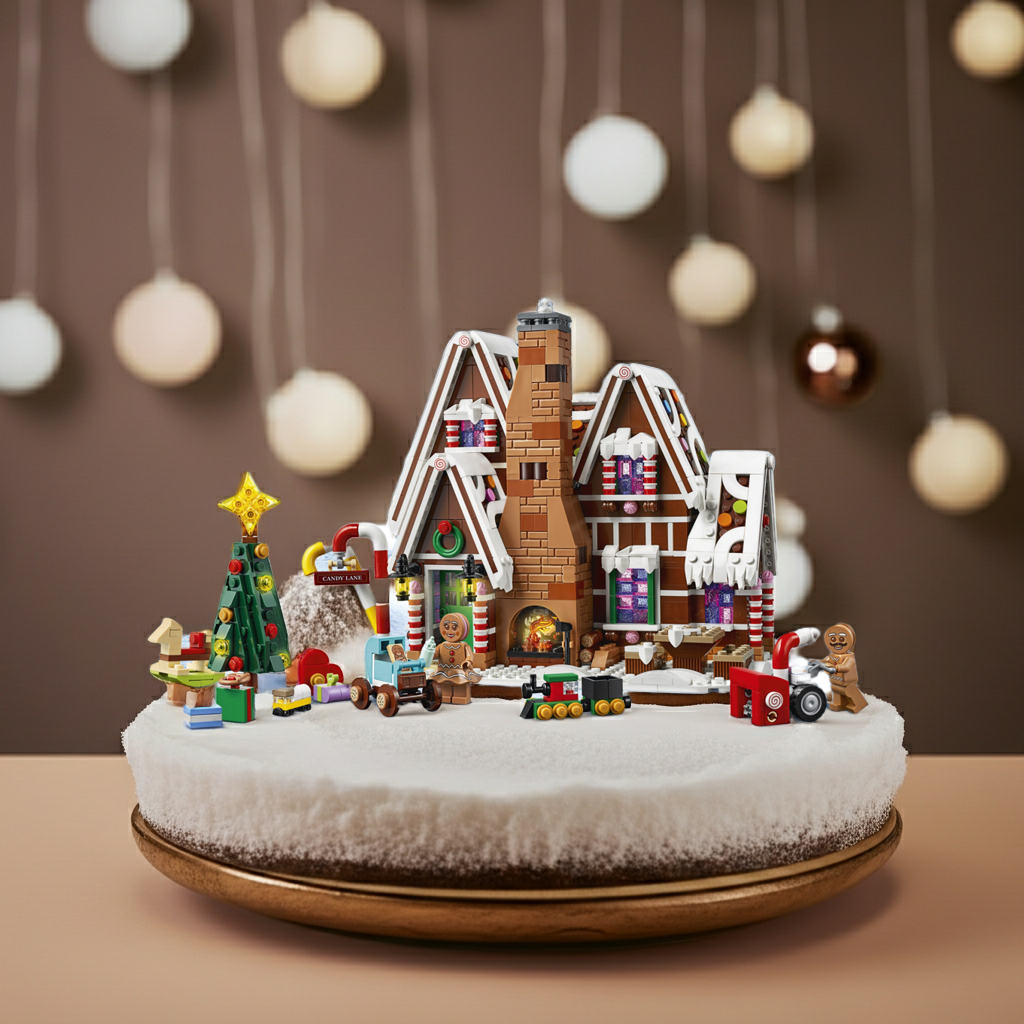 Decorative cake with gingerbread house and Christmas elements on a brown background