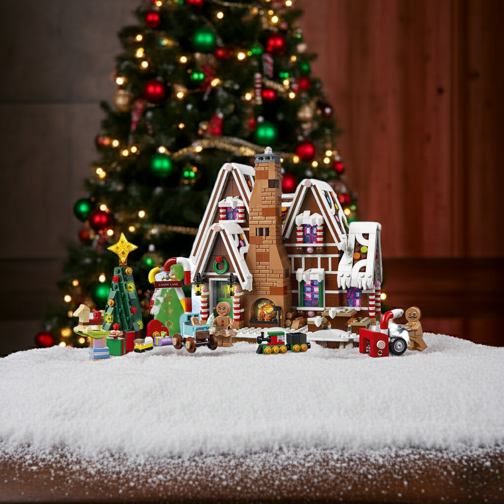 Gingerbread house with decorative elements on a snowy surface with a Christmas tree in the background.